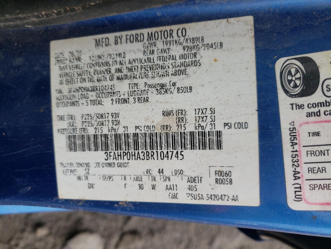 Photo 10 from auction – 2011 FORD FUSION SE with VIN 3FAHP0HA3BR104745