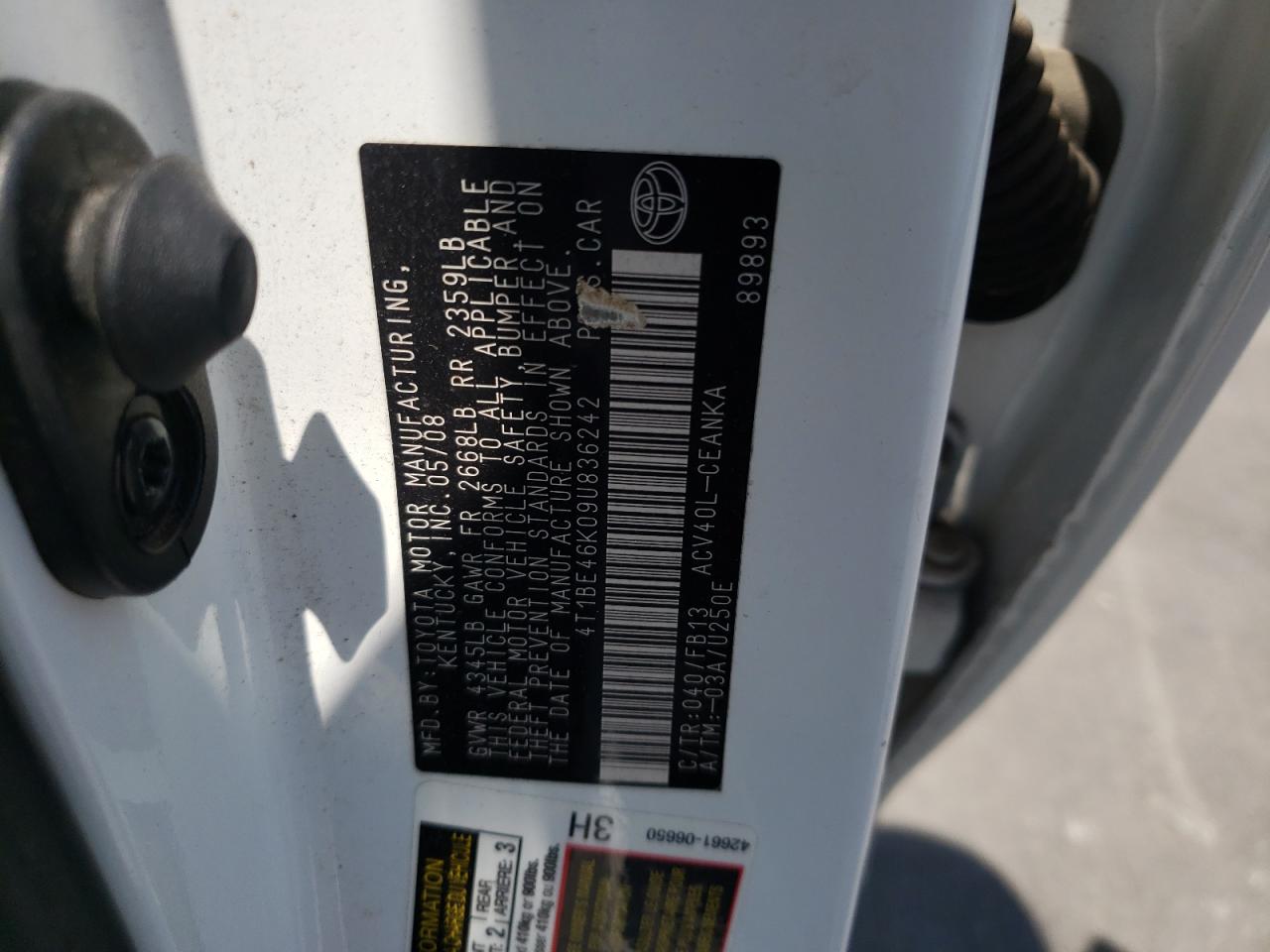 Photo 10 from auction – 2009 TOYOTA CAMRY BASE with VIN 4T1BE46K09U836242