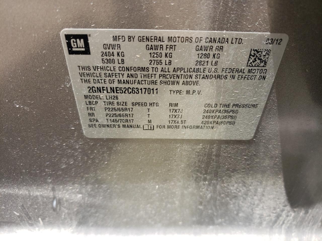 Photo 10 from auction – 2012 CHEVROLET EQUINOX LT with VIN 2GNFLNE52C6317011