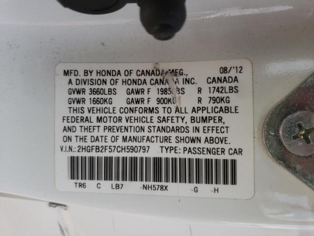 Photo 10 from auction – 2012 HONDA CIVIC LX with VIN 2HGFB2F57CH590797