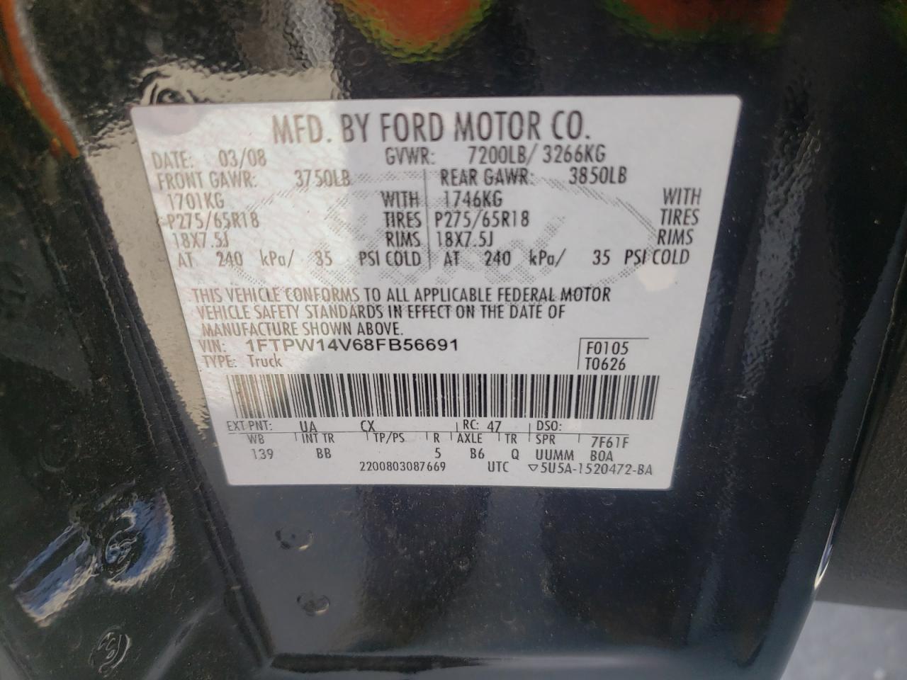 Photo 10 from auction – 2008 FORD F150 SUPER with VIN 1FTPW14V68FB56691
