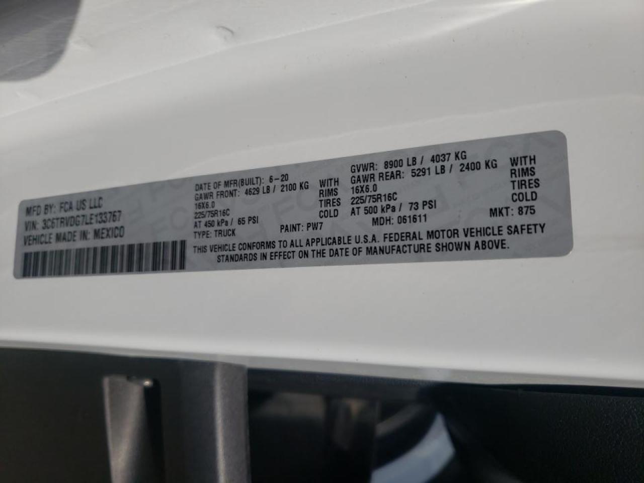 Photo 10 from auction – 2020 RAM PROMASTER with VIN 3C6TRVDG7LE133767