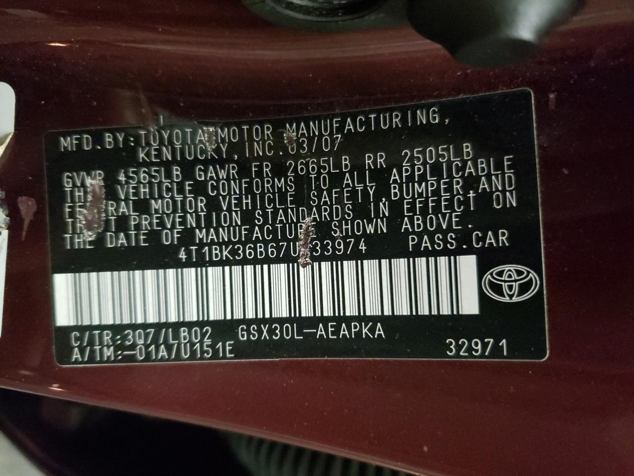 Photo 10 from auction – 2007 TOYOTA AVALON LIM with VIN 4T1BK36B67U233974