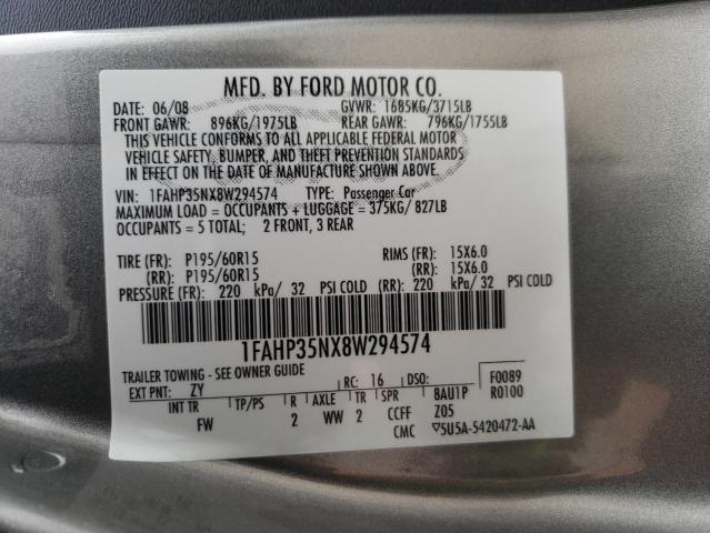 Photo 10 from auction – 2008 FORD FOCUS SE with VIN 1FAHP35NX8W294574