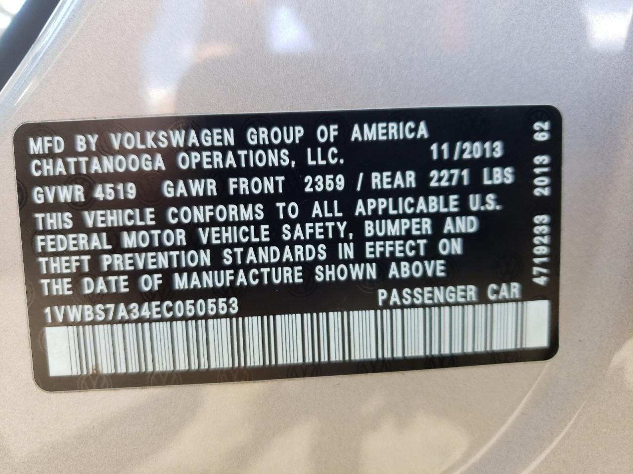 Photo 10 from auction – 2014 VOLKSWAGEN PASSAT SE with VIN 1VWBS7A34EC050553