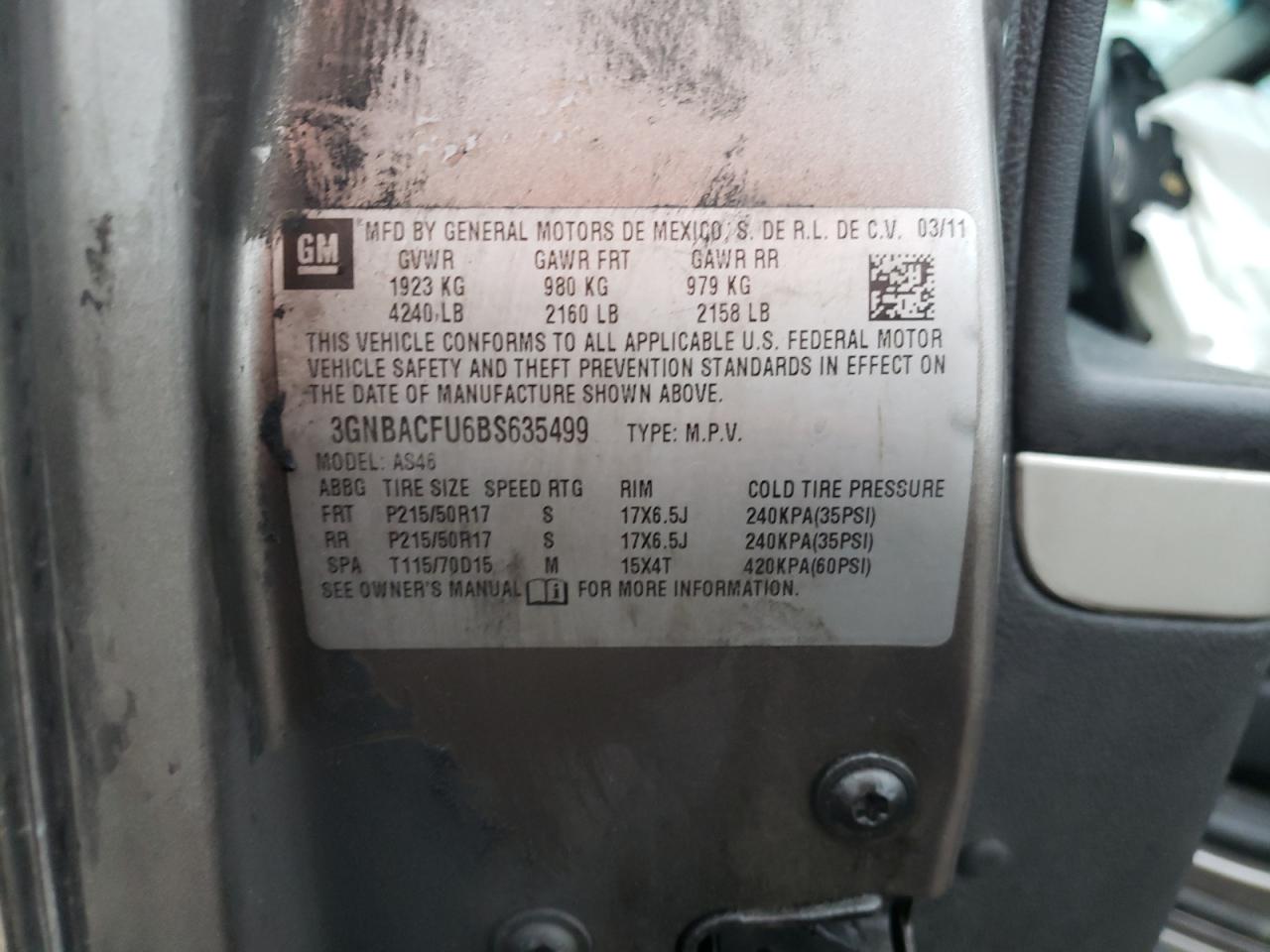 Photo 10 from auction – 2011 CHEVROLET HHR LT with VIN 3GNBACFU6BS635499