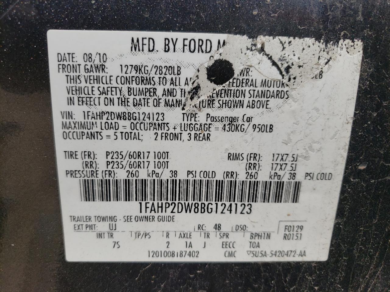 Photo 10 from auction – 2011 FORD TAURUS SE with VIN 1FAHP2DW8BG124123