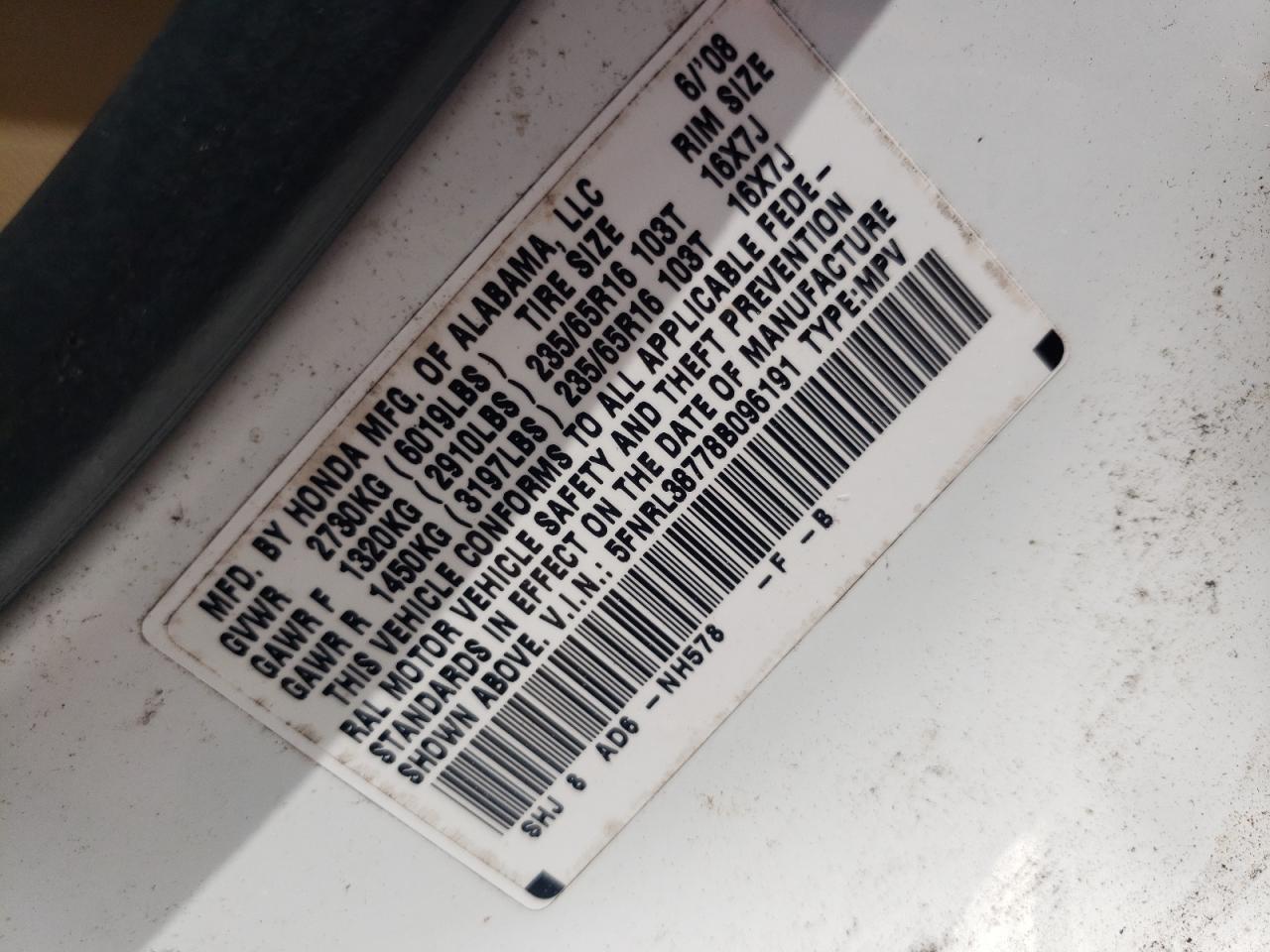 Photo 10 from auction – 2008 HONDA ODYSSEY EX with VIN 5FNRL38778B096191