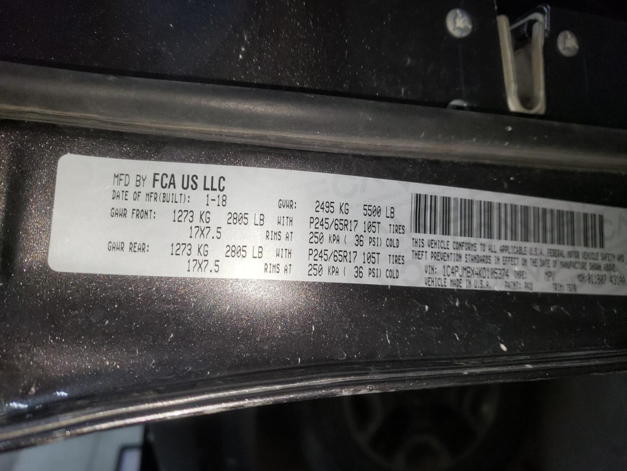 Photo 10 from auction – 2019 JEEP CHEROKEE T with VIN 1C4PJMBX4KD105374