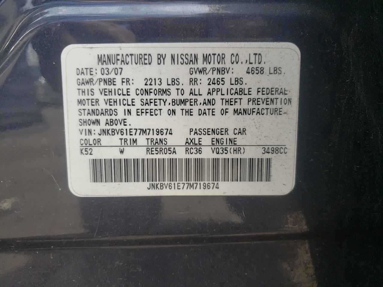 Photo 10 from auction – 2007 INFINITI G35 with VIN JNKBV61E77M719674