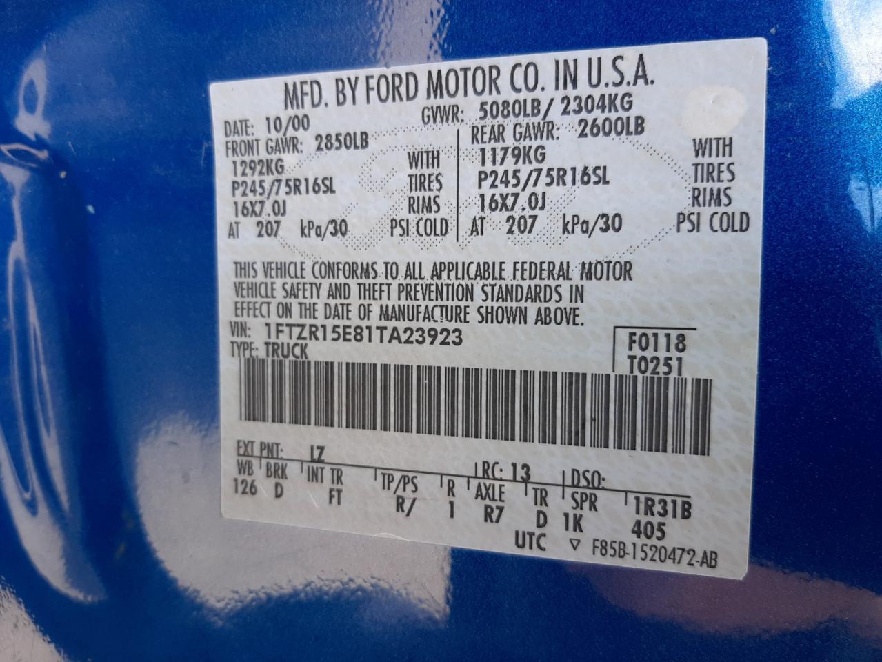 Photo 10 from auction – 2001 FORD RANGER SUP with VIN 1FTZR15E81TA23923