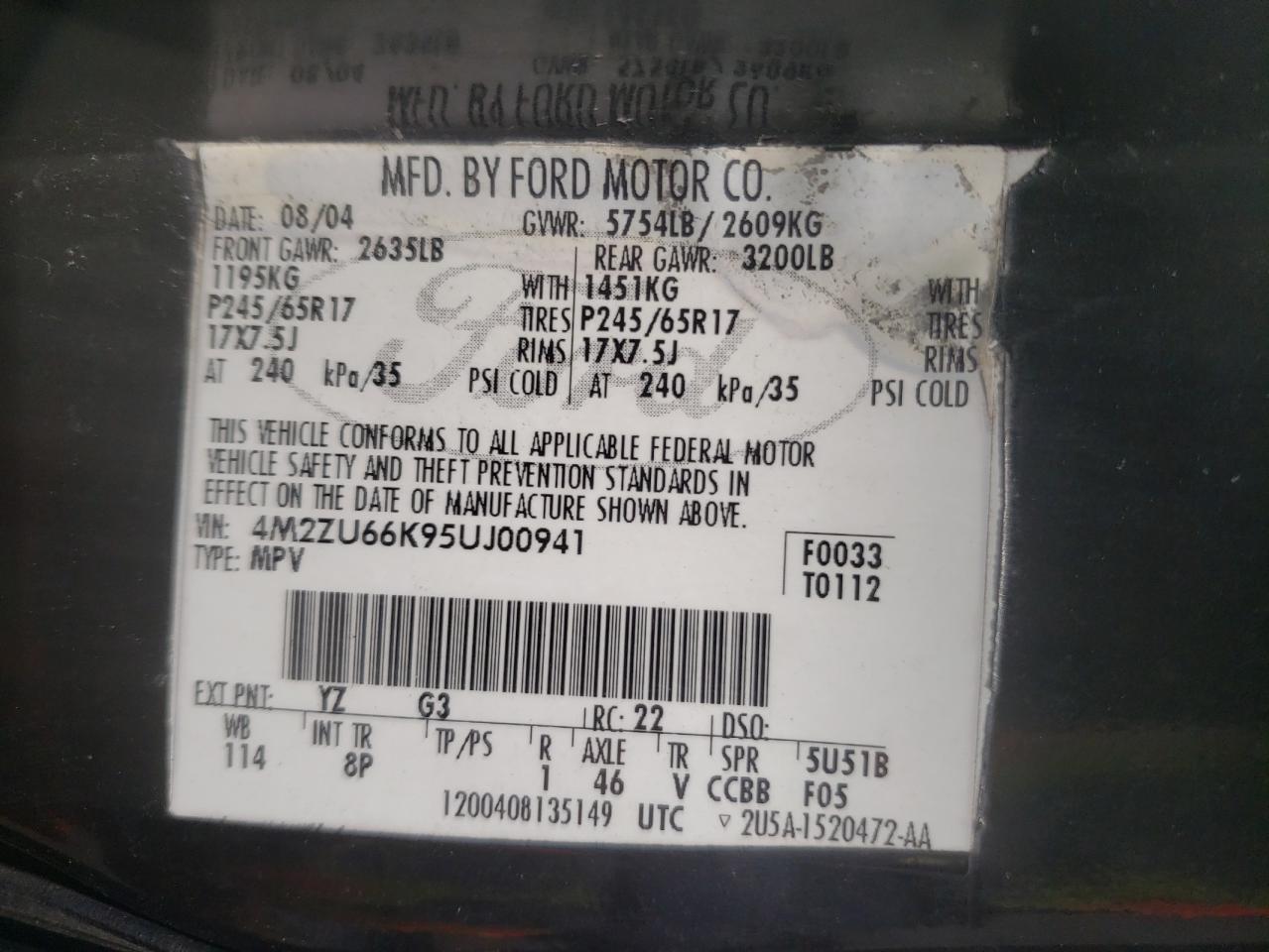 Photo 10 from auction – 2005 MERCURY MOUNTAINEE with VIN 4M2ZU66K95UJ00941