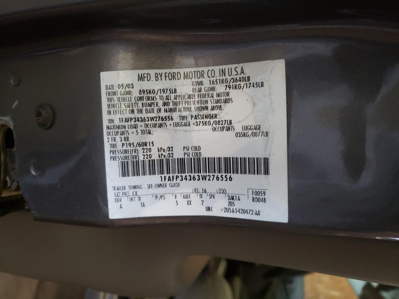 Photo 10 from auction – 2003 FORD FOCUS SE C with VIN 1FAFP34363W276556