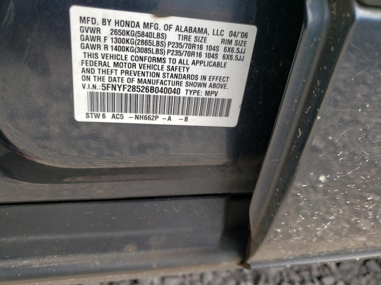 Photo 11 from auction – 2006 HONDA PILOT EX with VIN 5FNYF28526B040040