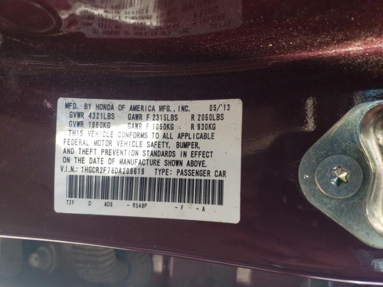 Photo 10 from auction – 2013 HONDA ACCORD EX with VIN 1HGCR2F78DA209619