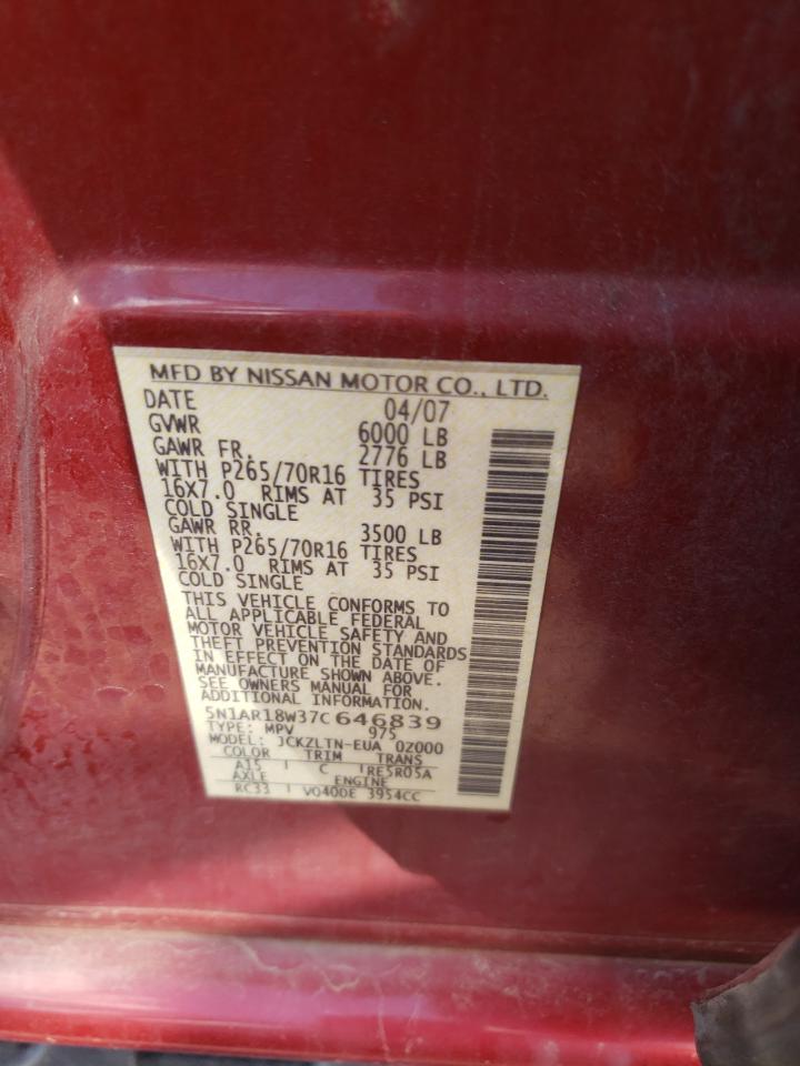 Photo 10 from auction – 2007 NISSAN PATHFINDER with VIN 5N1AR18W37C646839