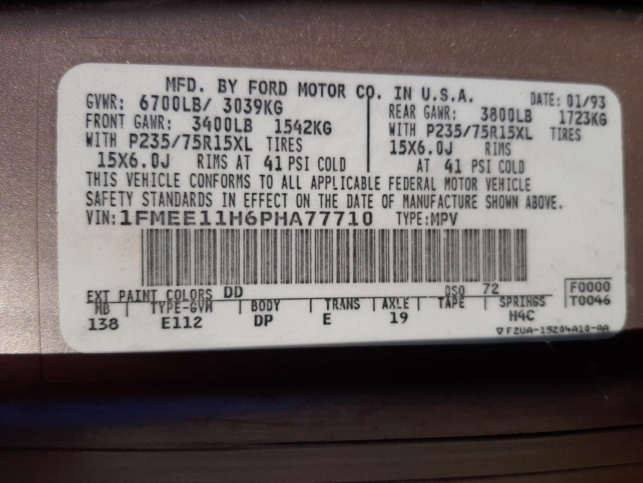 Photo 10 from auction – 1993 FORD ECONOLINE with VIN 1FMEE11H6PHA77710