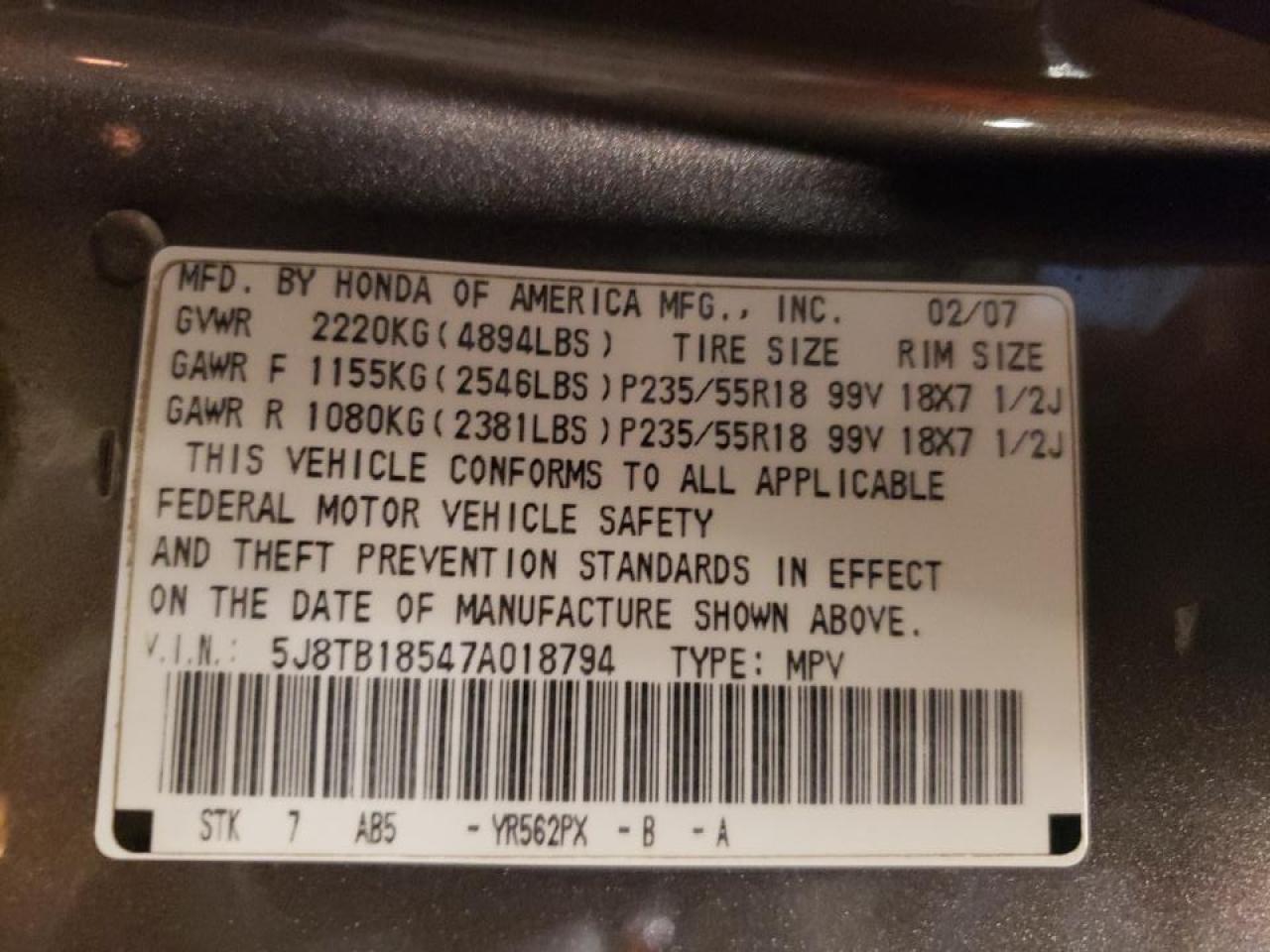 Photo 10 from auction – 2007 ACURA RDX TECHNO with VIN 5J8TB18547A018794