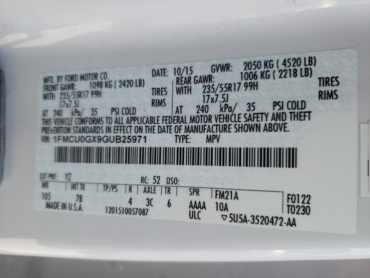 Photo 10 from auction – 2016 FORD ESCAPE SE with VIN 1FMCU0GX9GUB25971