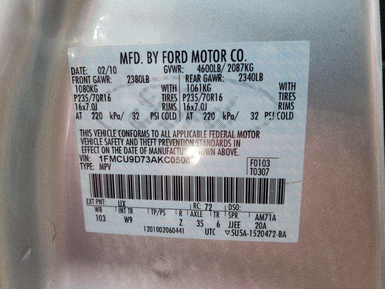 Zdjęcie 10 z aukcji – 2010 FORD ESCAPE XLT z VIN 1FMCU9D73AKC05083