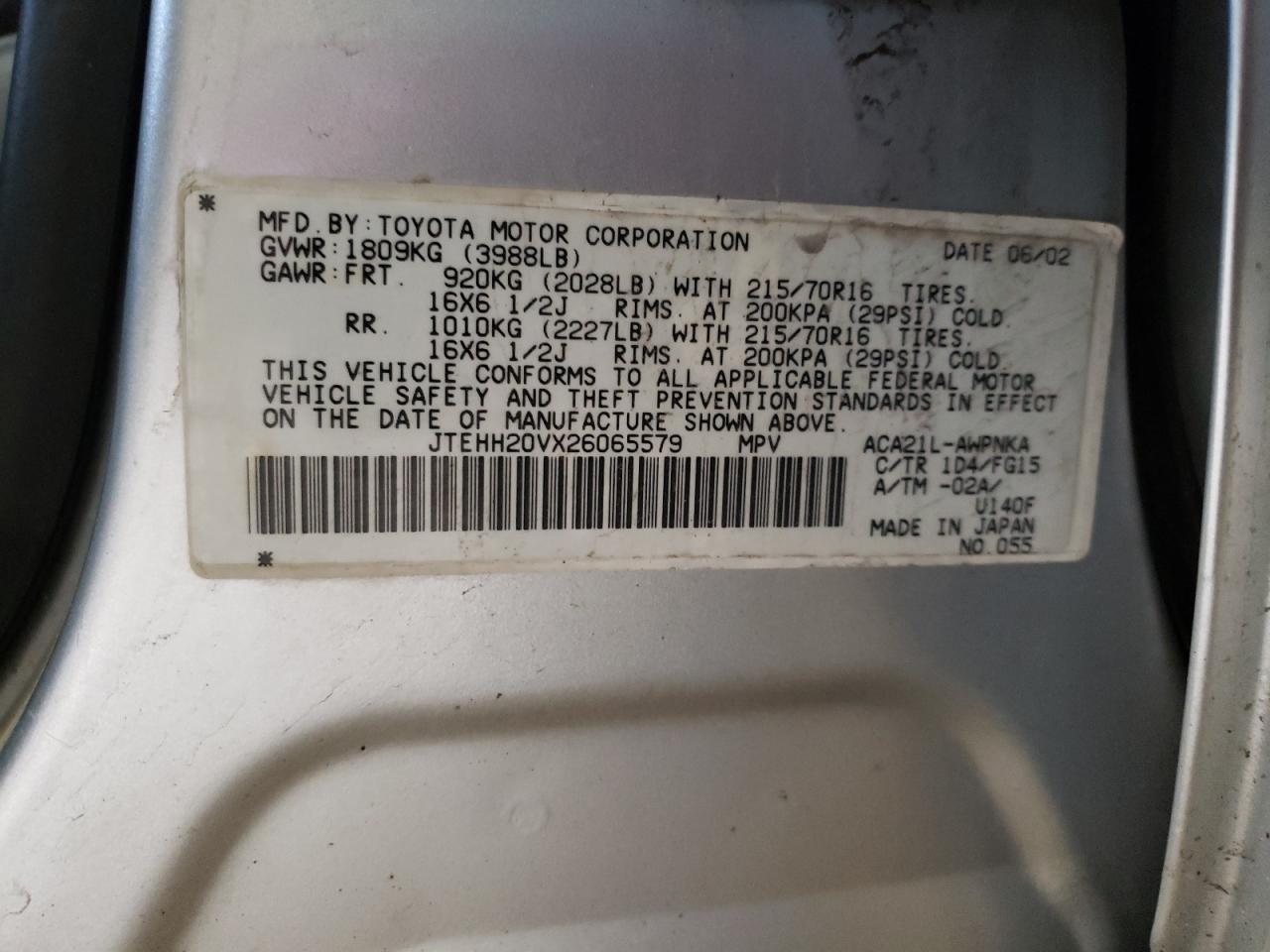 Photo 10 from auction – 2002 TOYOTA RAV4 with VIN JTEHH20VX26065579