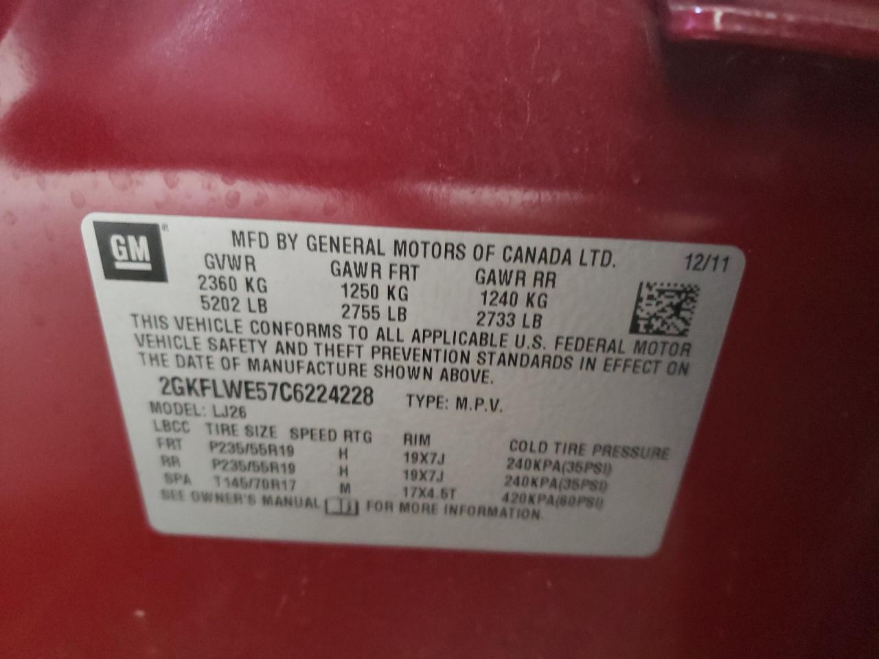 Photo 10 from auction – 2012 GMC TERRAIN SL with VIN 2GKFLWE57C6224228