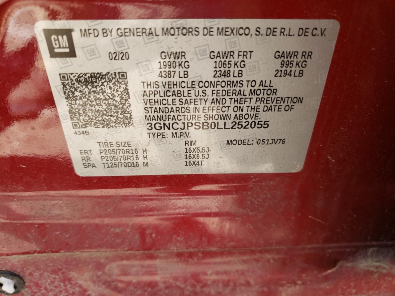 Photo 10 from auction – 2020 CHEVROLET TRAX 1LT with VIN 3GNCJPSB0LL252055
