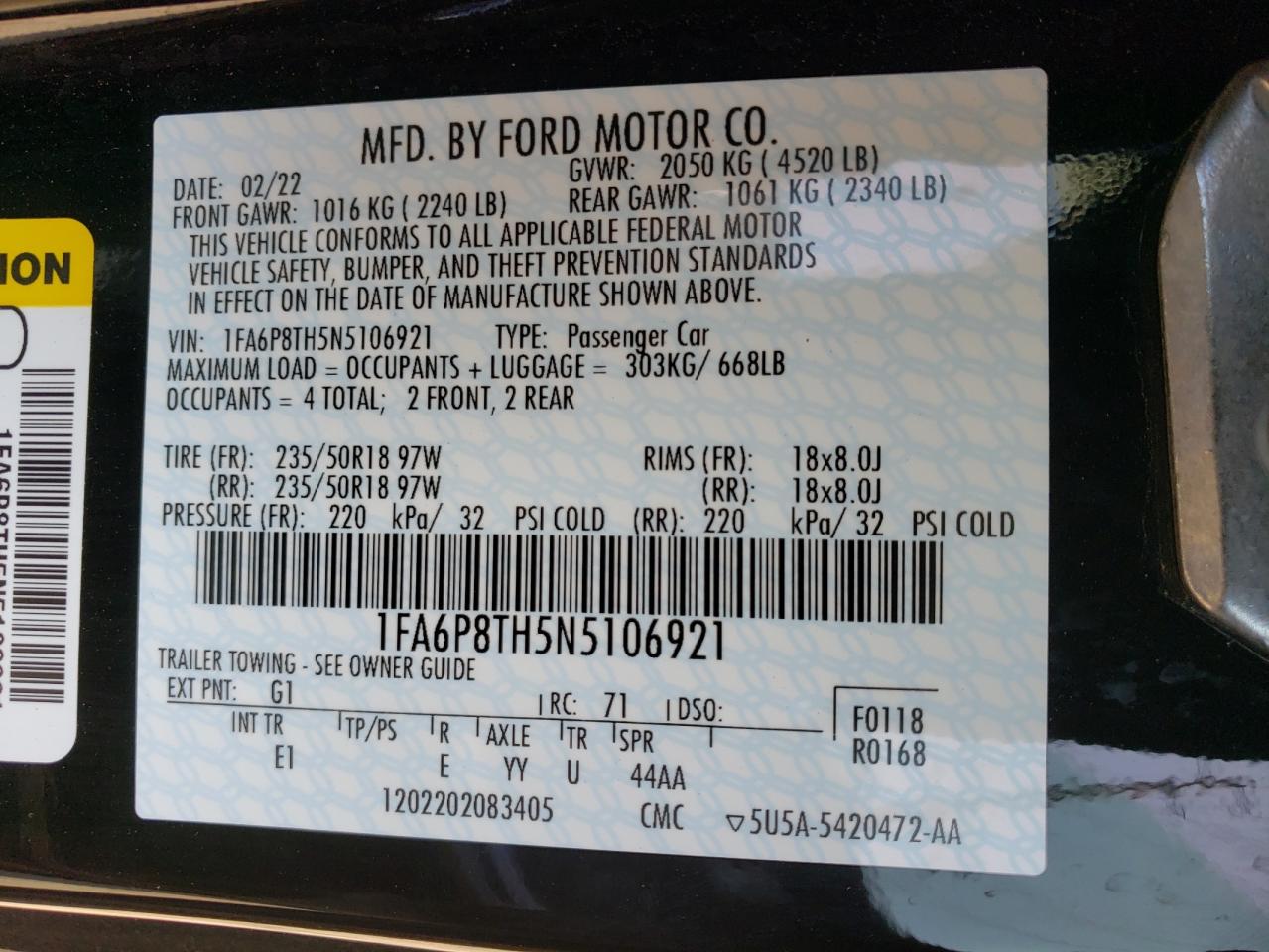 Photo 10 from auction – 2022 FORD MUSTANG with VIN 1FA6P8TH5N5106921