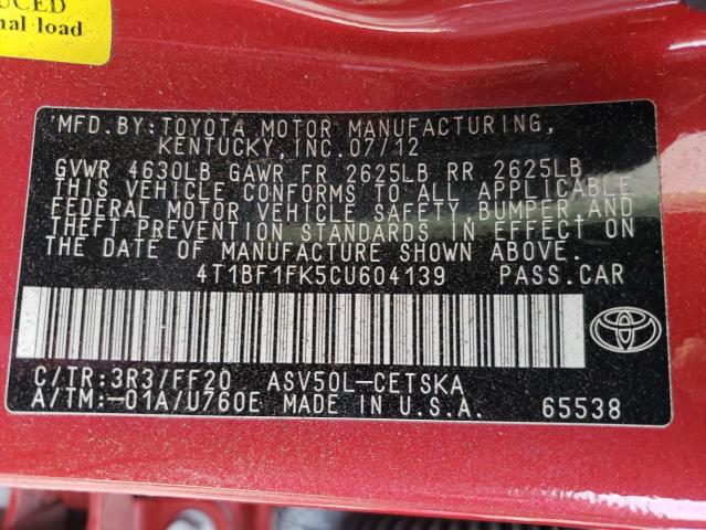 Photo 10 from auction – 2012 TOYOTA CAMRY SE with VIN 4T1BF1FK5CU604139