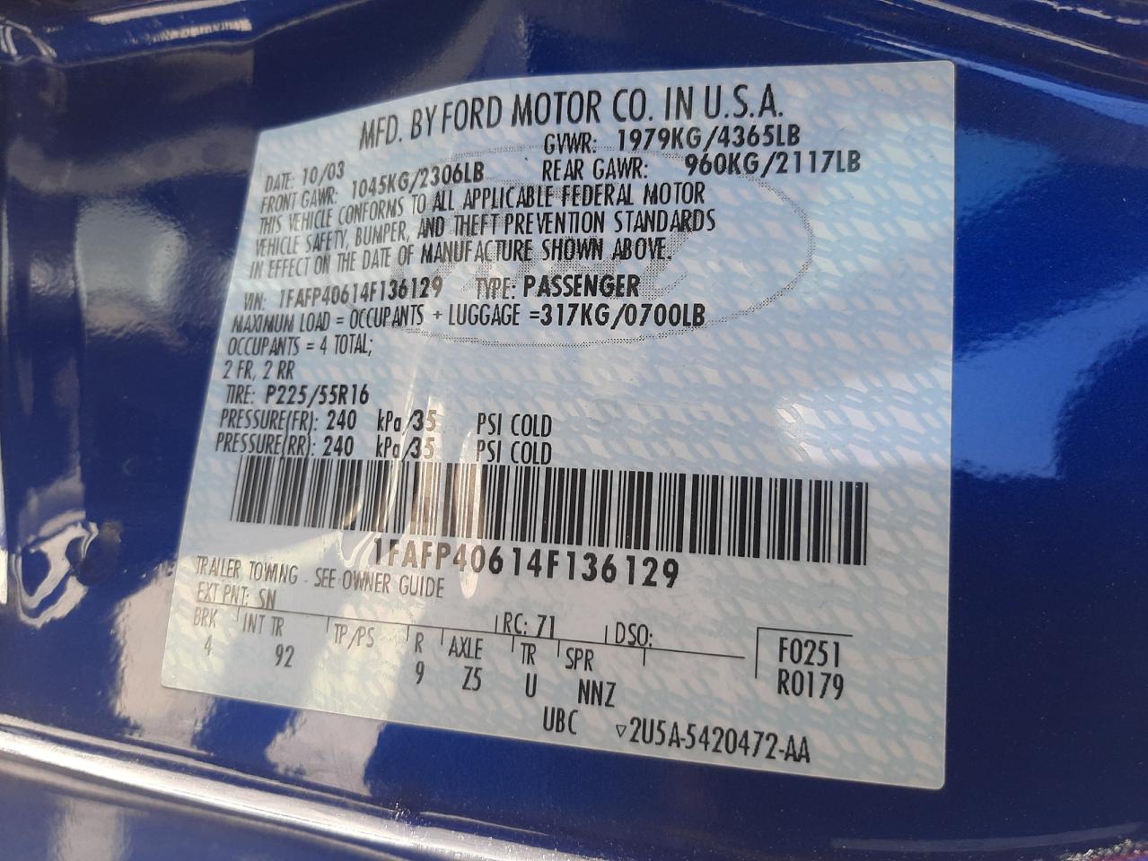 Photo 10 from auction – 2004 FORD MUSTANG with VIN 1FAFP40614F136129