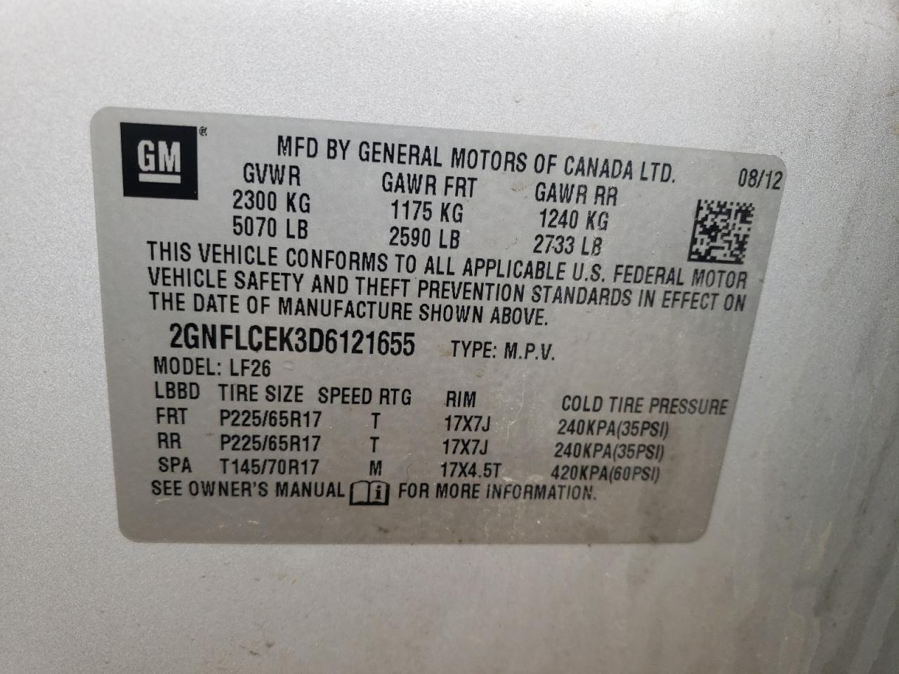 Photo 10 from auction – 2013 CHEVROLET EQUINOX LS with VIN 2GNFLCEK3D6121655