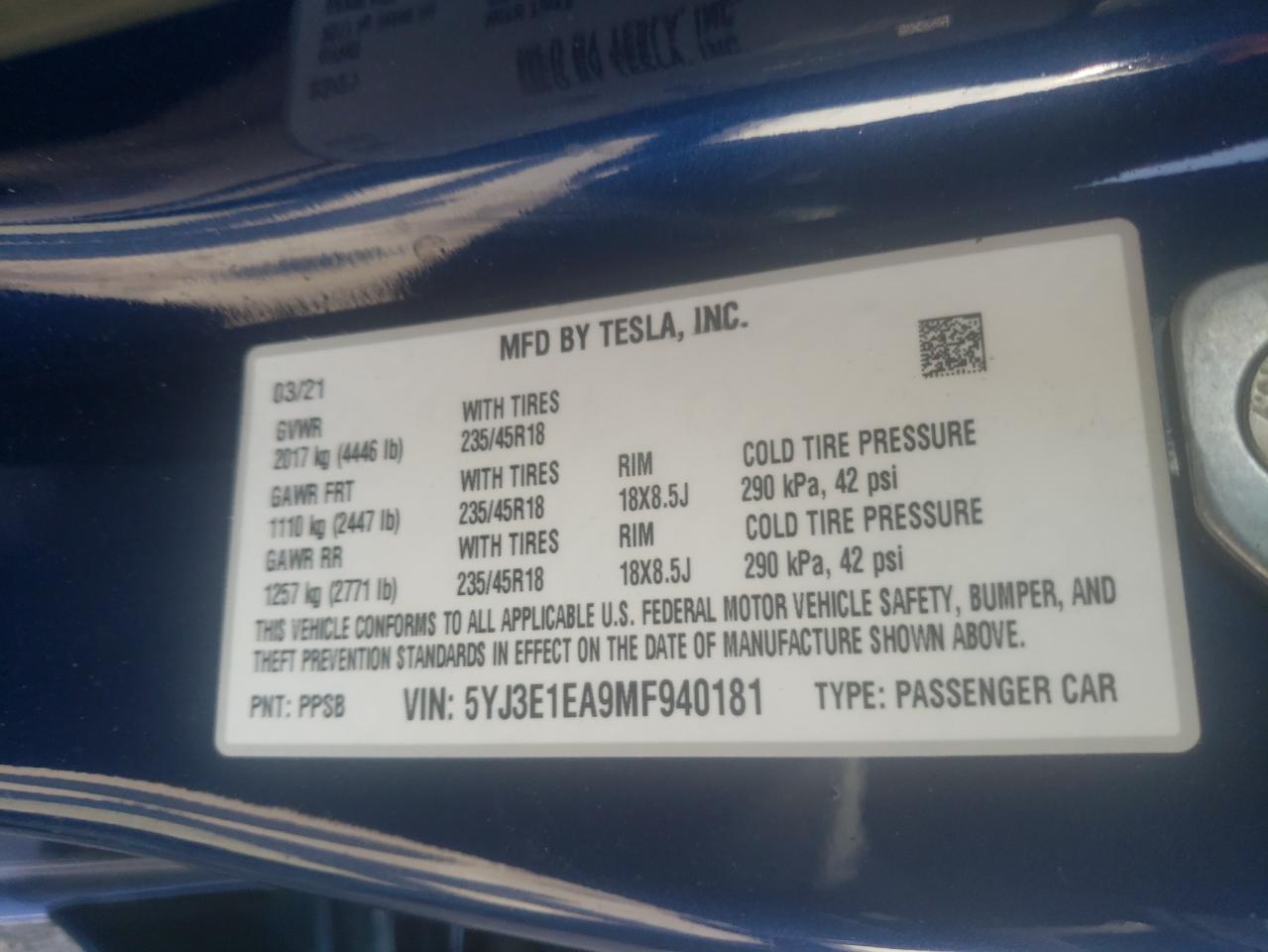 Photo 10 from auction – 2021 TESLA MODEL 3 with VIN 5YJ3E1EA9MF940181
