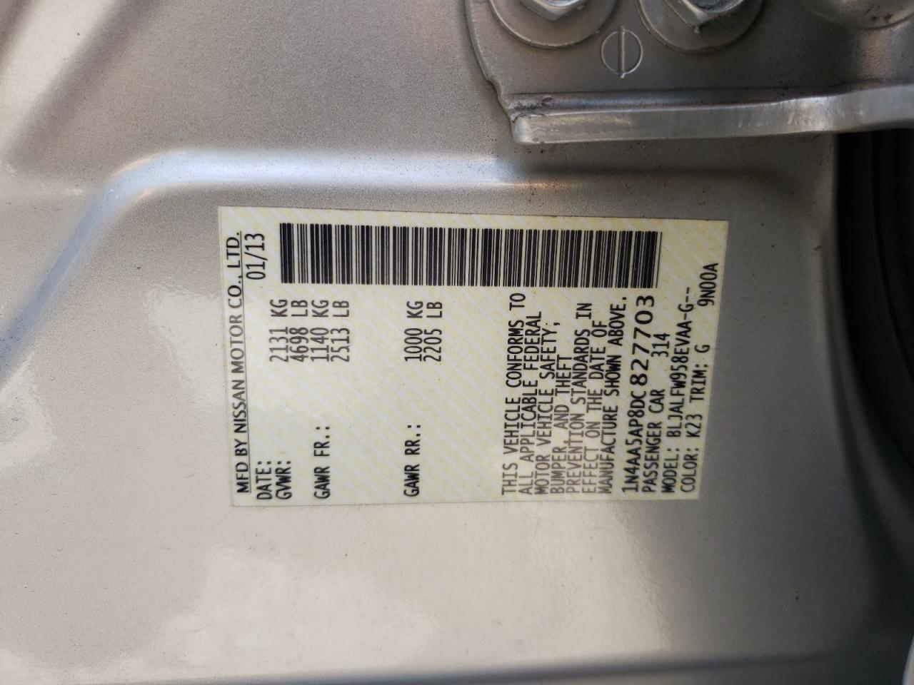 Photo 10 from auction – 2013 NISSAN MAXIMA S with VIN 1N4AA5AP8DC827703