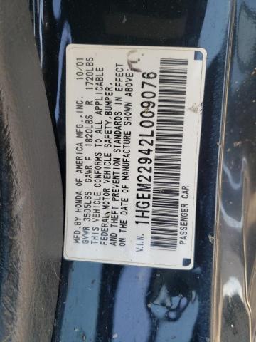 HONDA CIVIC EX 2002 with VIN 1HGEM22942L009076 - Photo from auction