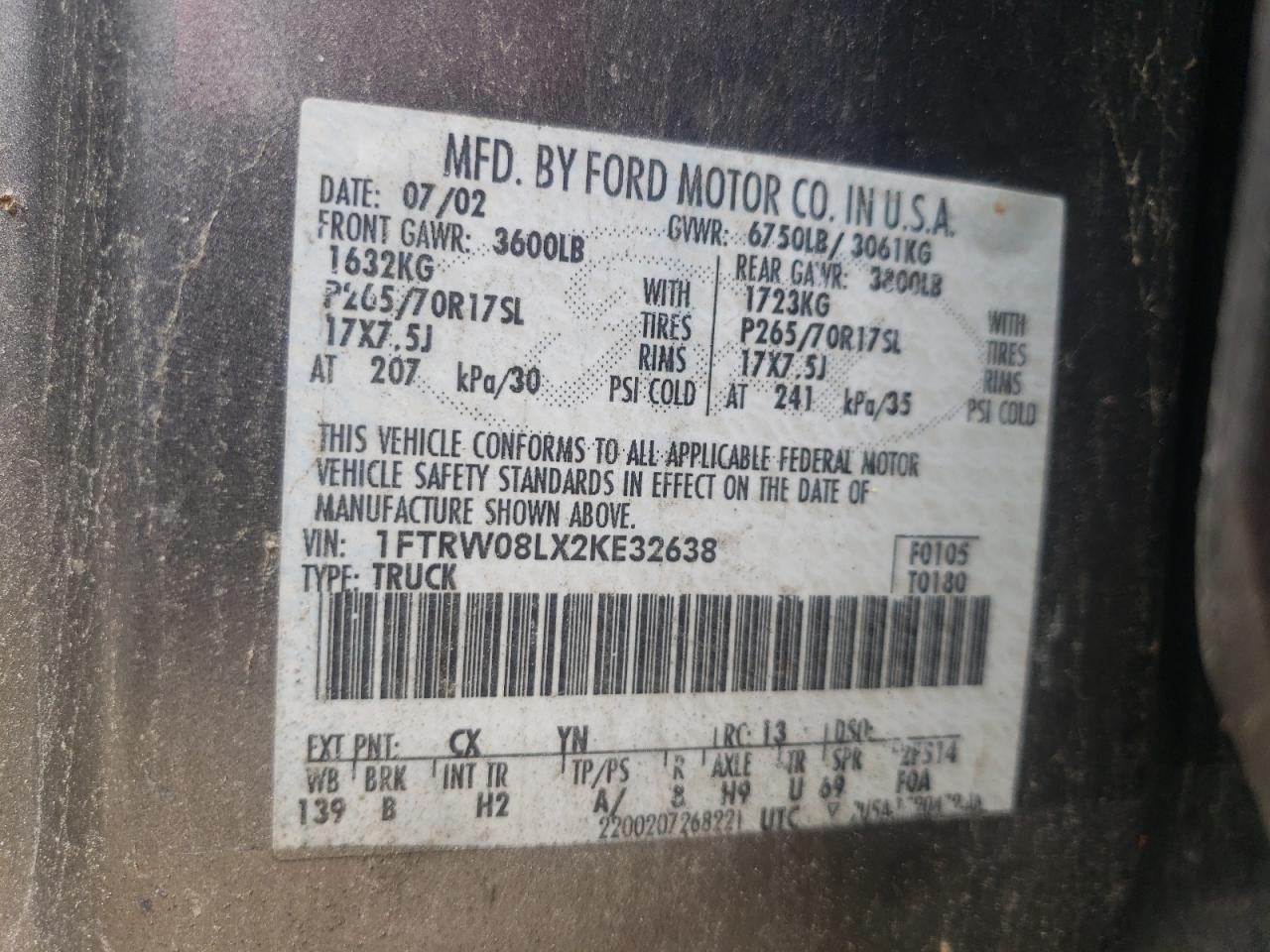 Photo 10 from auction – 2002 FORD F150 SUPER with VIN 1FTRW08LX2KE32638