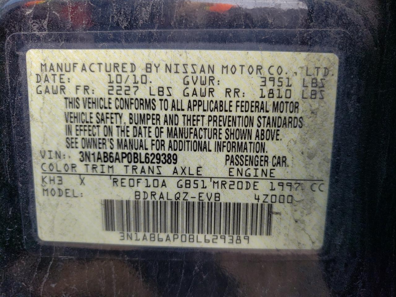 Photo 10 from auction – 2011 NISSAN SENTRA 2.0 with VIN 3N1AB6AP0BL629389