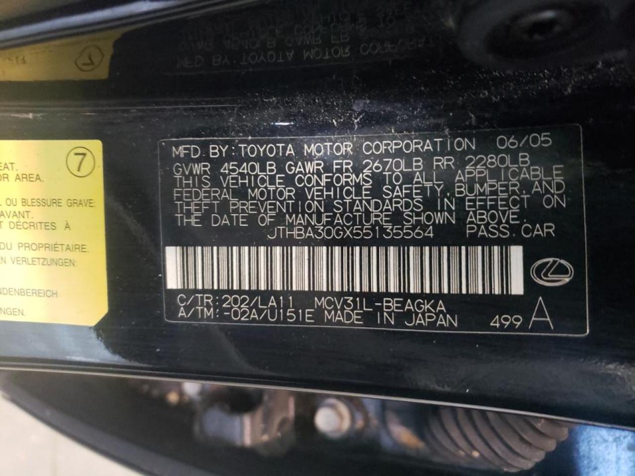 Photo 10 from auction – 2005 LEXUS ES 330 with VIN JTHBA30GX55135564