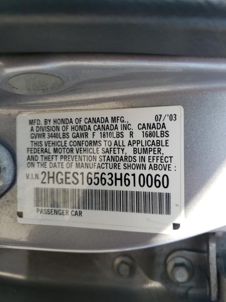 Photo 10 from auction – 2003 HONDA CIVIC LX with VIN 2HGES16563H610060