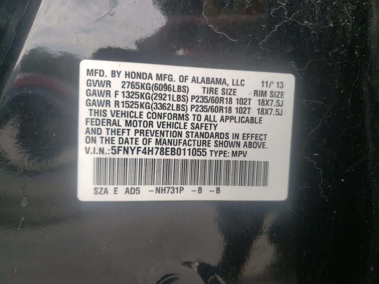 Photo 10 from auction – 2014 HONDA PILOT EXLN with VIN 5FNYF4H78EB011055
