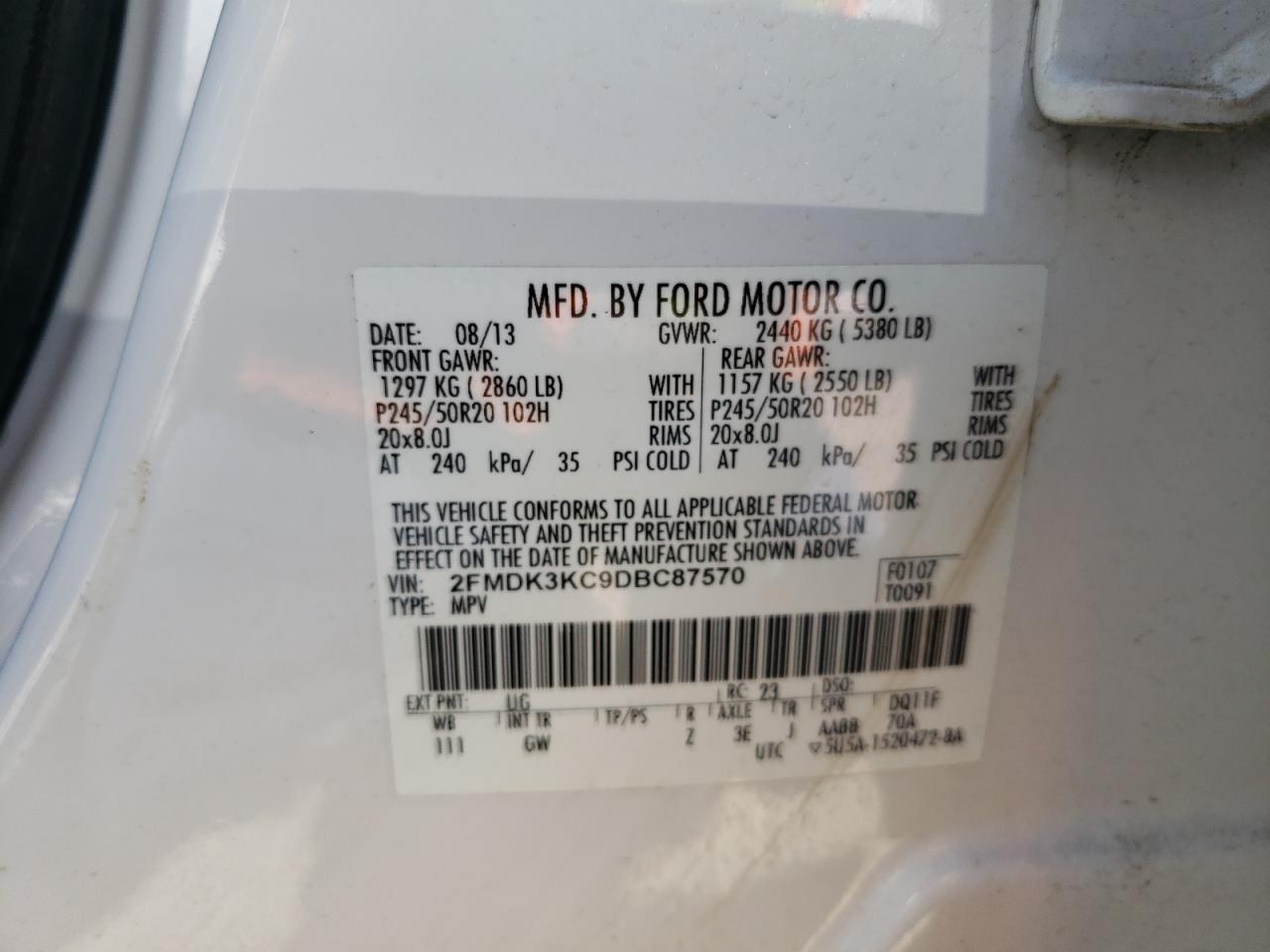 Photo 11 from auction – 2013 FORD EDGE LIMIT with VIN 2FMDK3KC9DBC87570