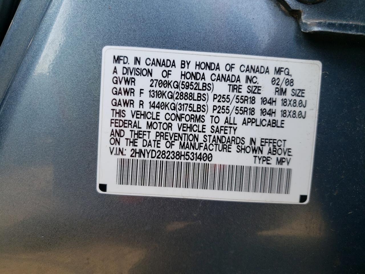 Photo 10 from auction – 2008 ACURA MDX with VIN 2HNYD28238H531400