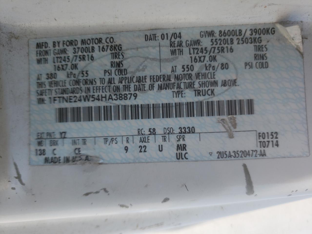Photo 10 from auction – 2004 FORD ECONOLINE with VIN 1FTNE24W54HA38879
