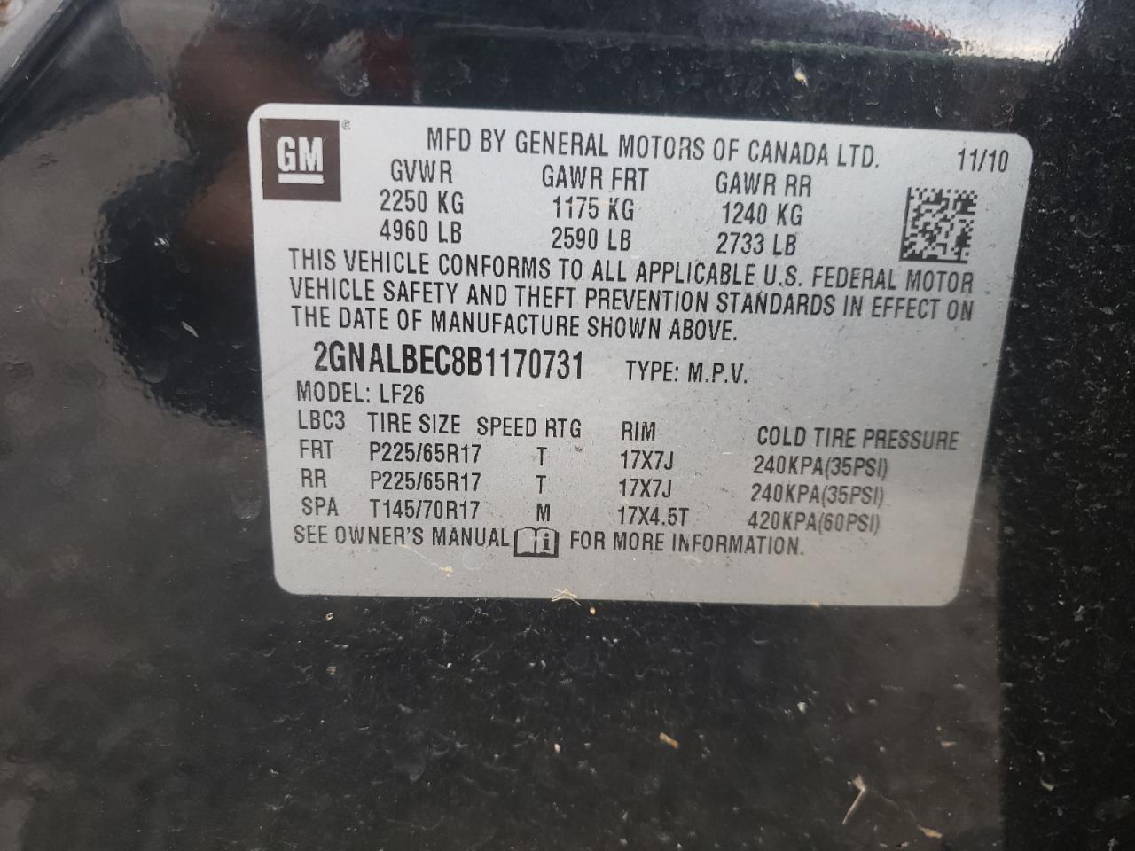 Photo 10 from auction – 2011 CHEVROLET EQUINOX LS with VIN 2GNALBEC8B1170731