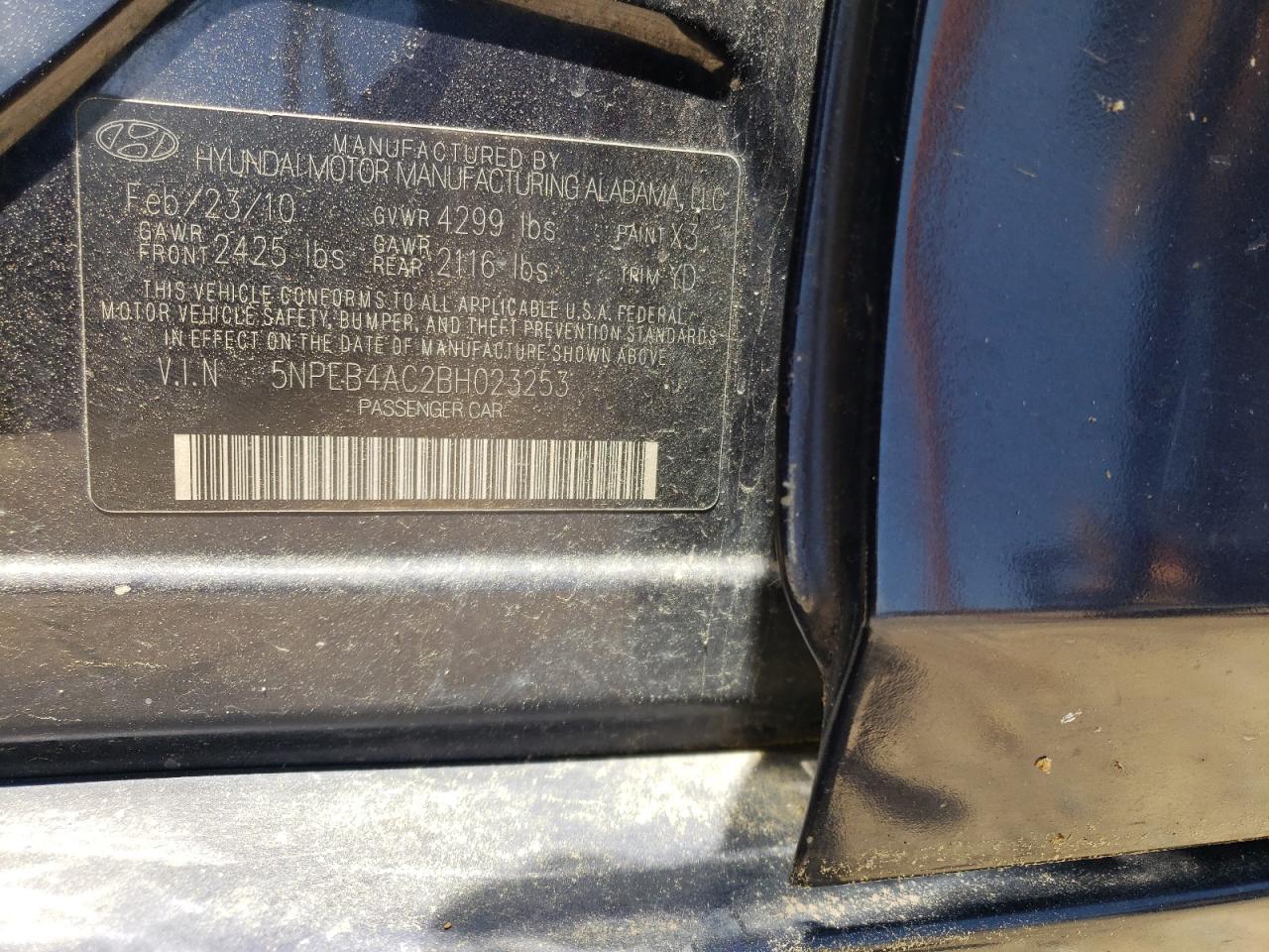 Photo 10 from auction – 2011 HYUNDAI SONATA GLS with VIN 5NPEB4AC2BH023253