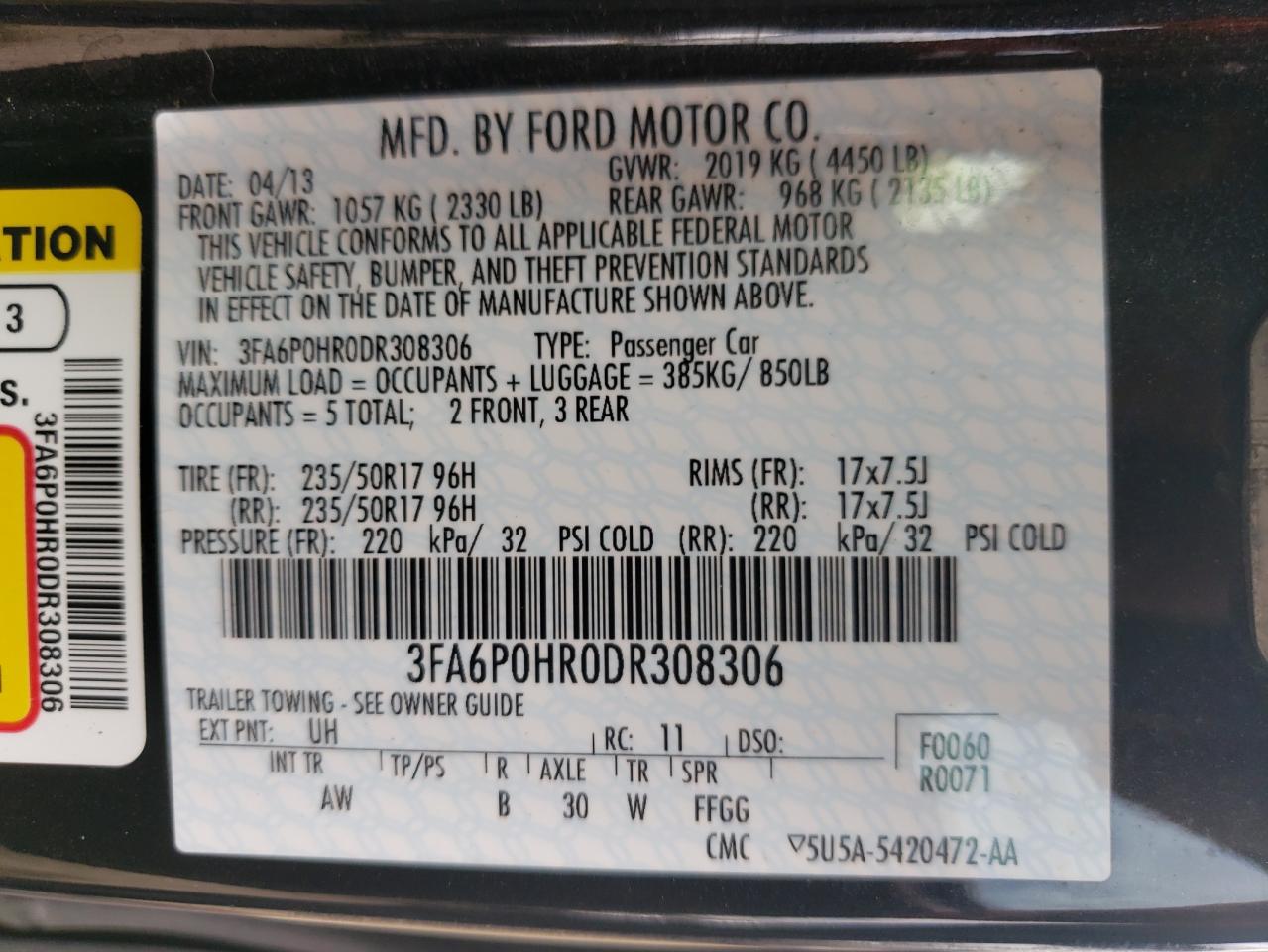Photo 10 from auction – 2013 FORD FUSION SE with VIN 3FA6P0HR0DR308306