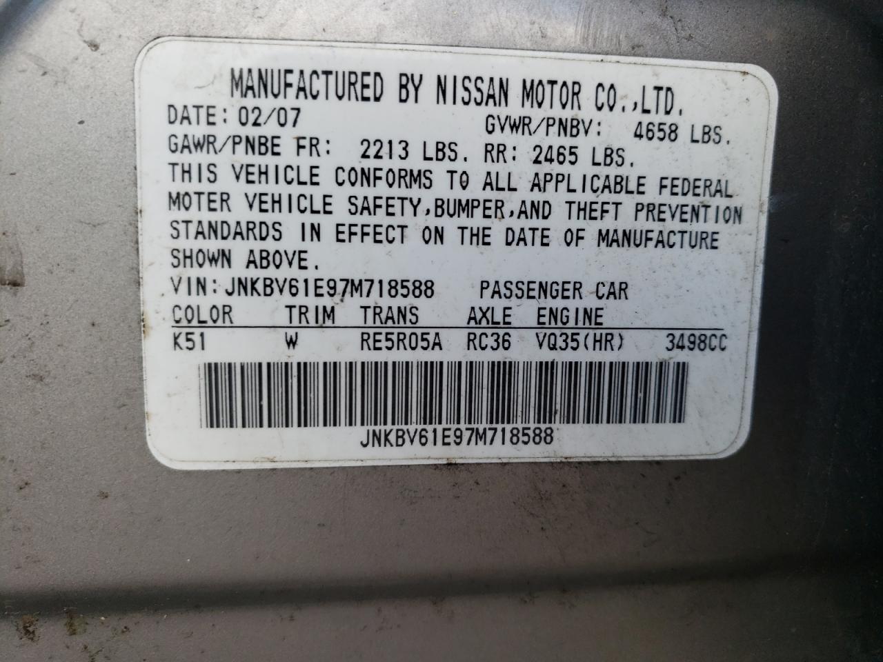 Photo 10 from auction – 2007 INFINITI G35 with VIN JNKBV61E97M718588