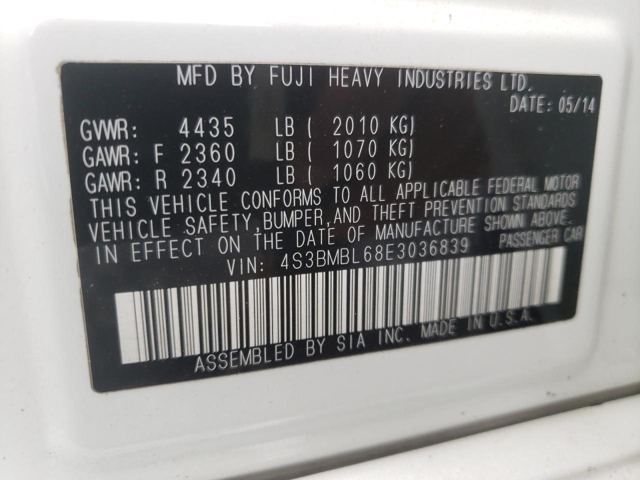 Photo 10 from auction – 2014 SUBARU LEGACY 2.5 with VIN 4S3BMBL68E3036839