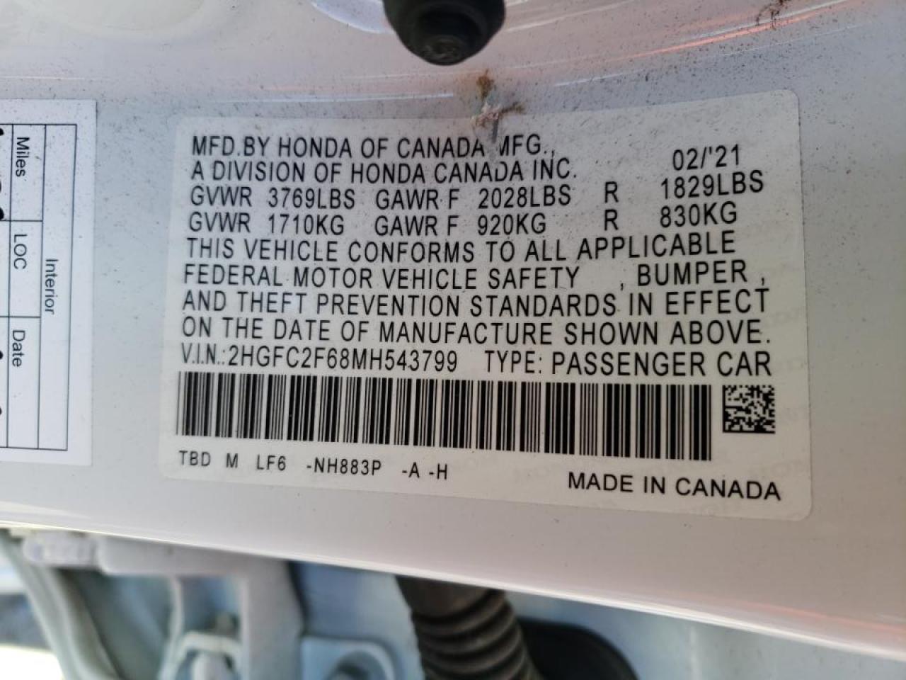 Photo 10 from auction – 2021 HONDA CIVIC LX with VIN 2HGFC2F68MH543799