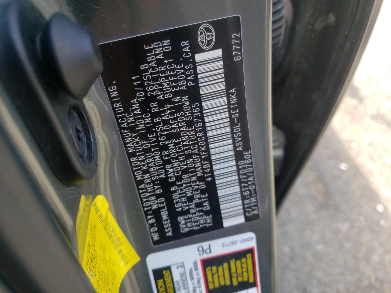 Photo 10 from auction – 2012 TOYOTA CAMRY BASE with VIN 4T4BF1FK0CR167365