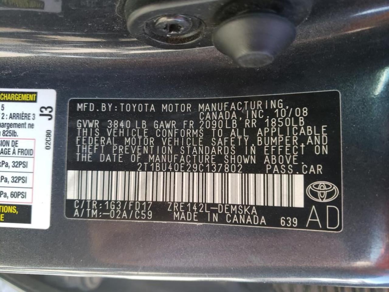 Zdjęcie 10 z aukcji – 2009 TOYOTA COROLLA BA z VIN 2T1BU40E29C137802